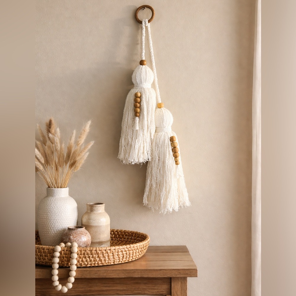 Bohemian Macrame Tassel Wall Hanging with Wood Beads Neutral Decor